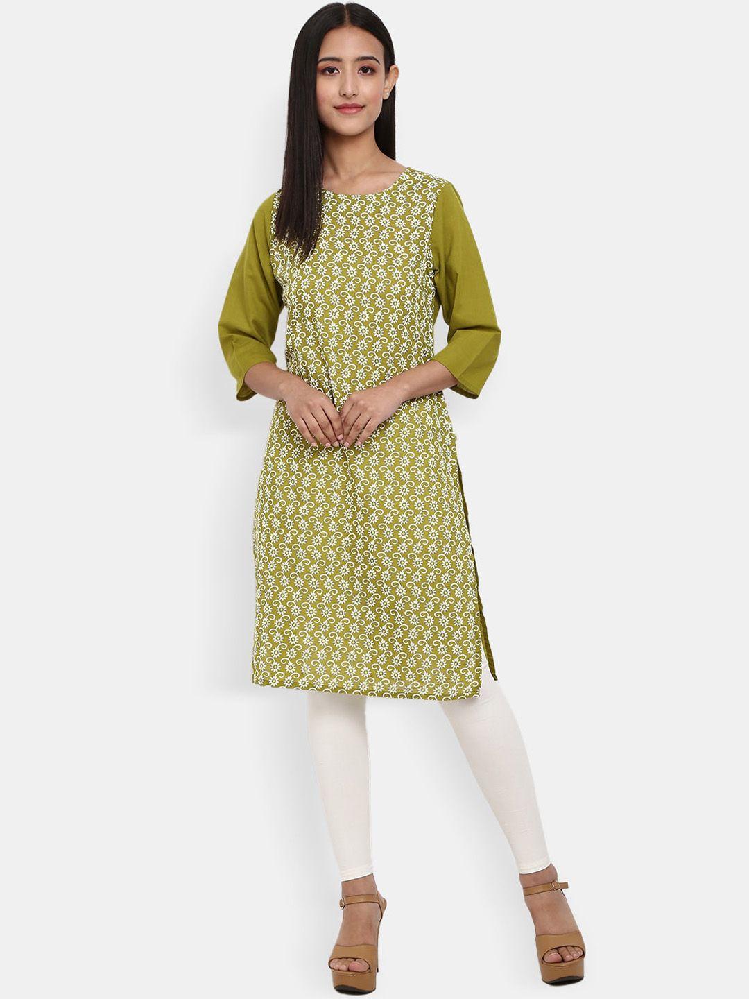 desi mix women green ethnic motifs round neck printed kurta