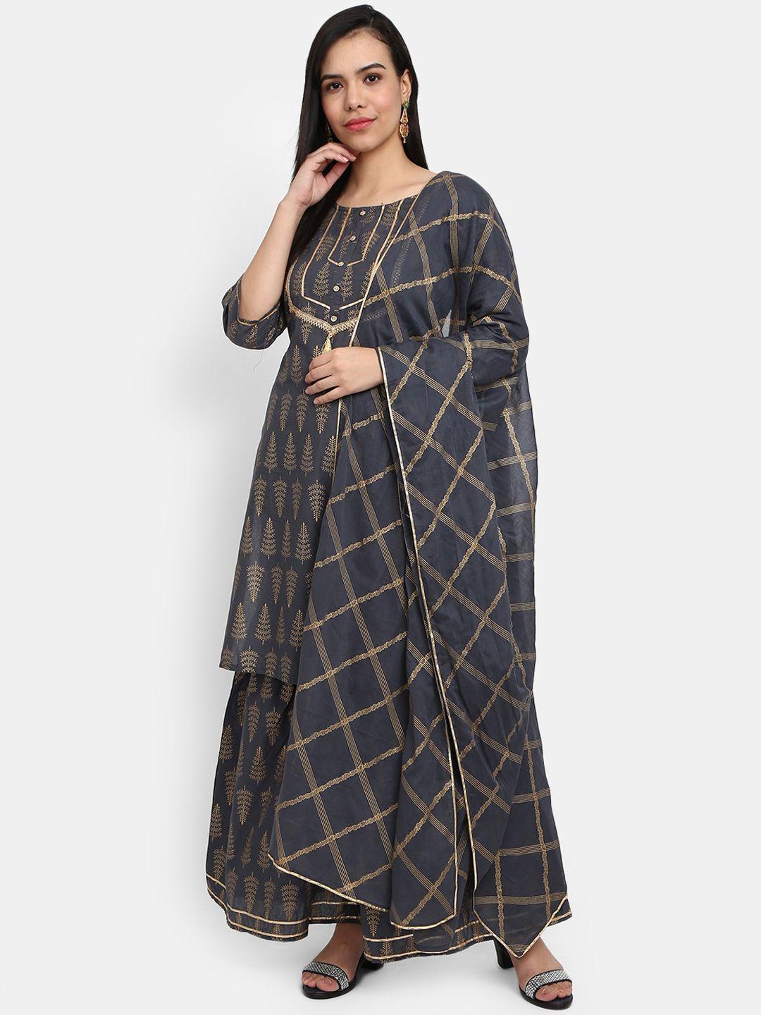 desi mix women grey printed kurta with palazzos