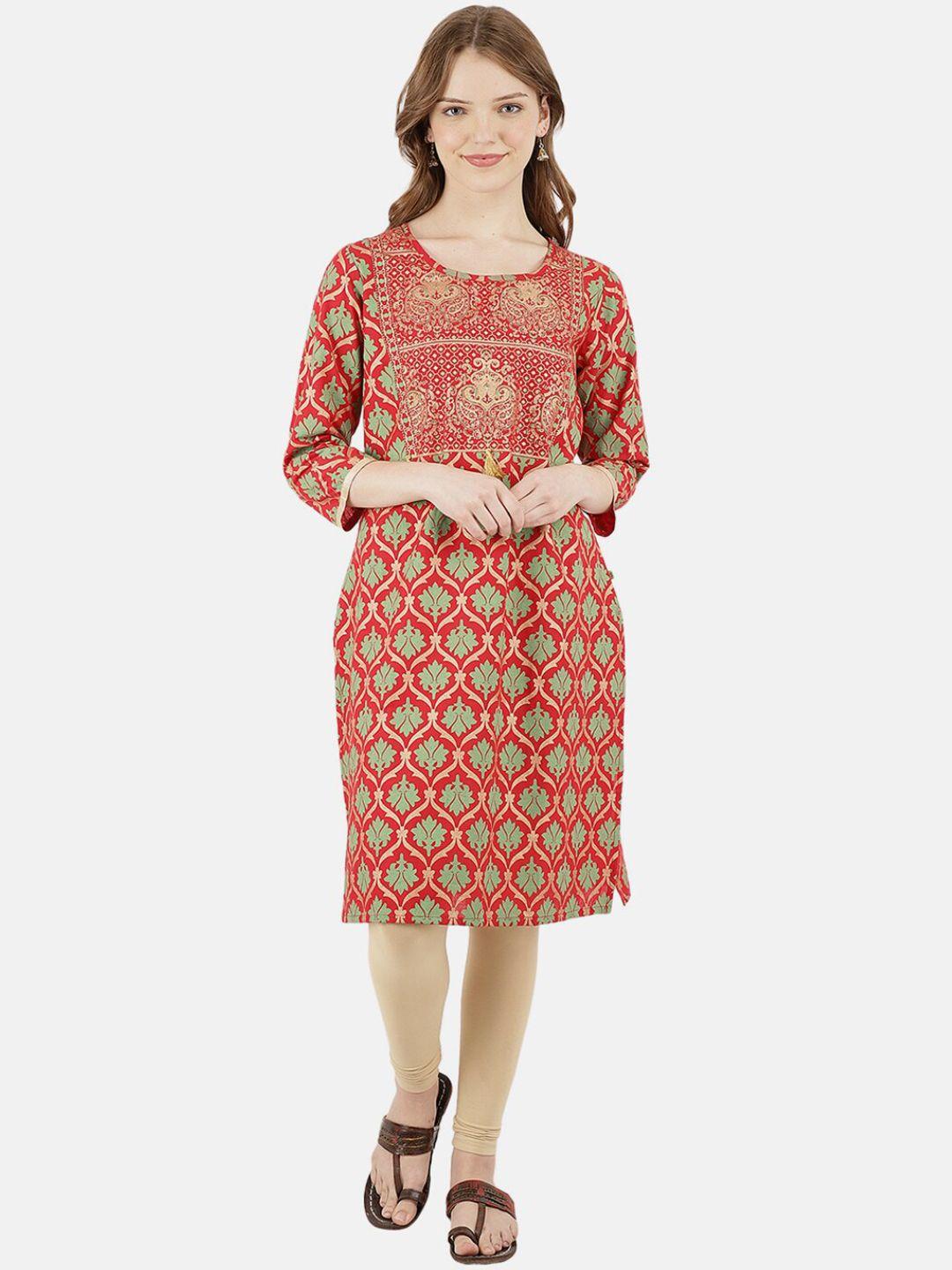 desi mix women maroon  cotton ethnic motifs printed mirror work kurta