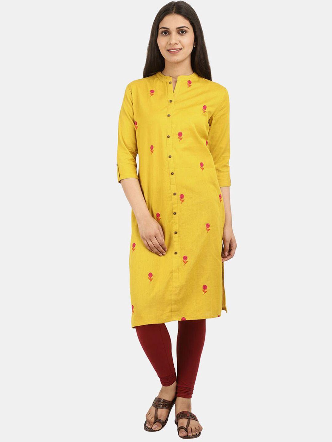 desi mix women mustard cotton  yellow floral thread work kurta