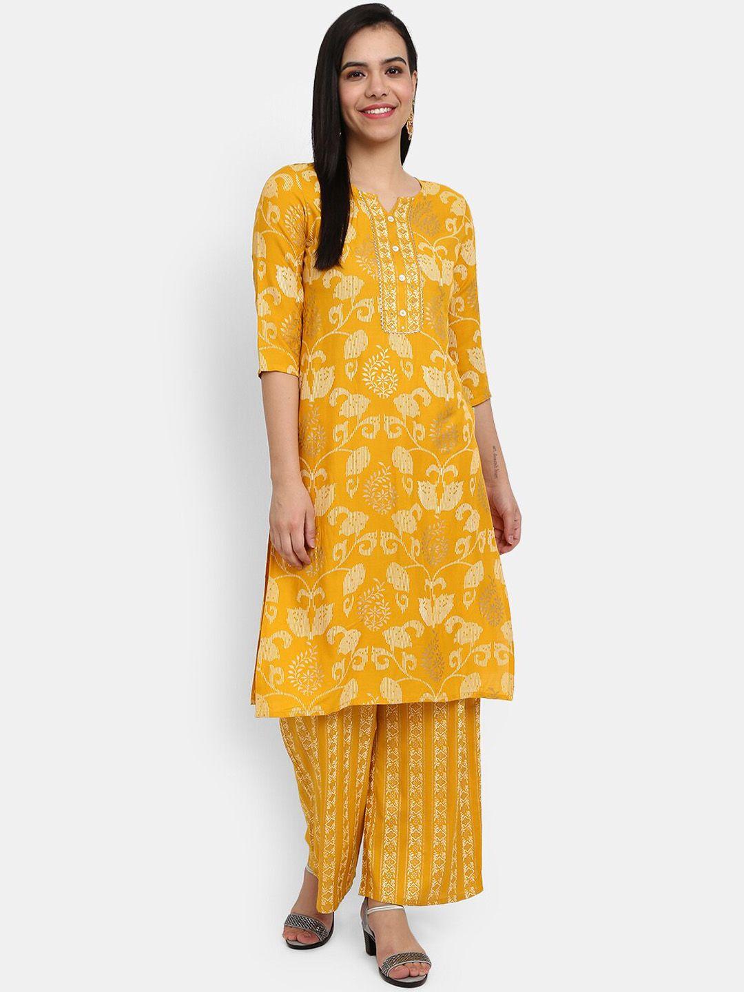 desi mix women mustard yellow floral printed kurta with palazzos