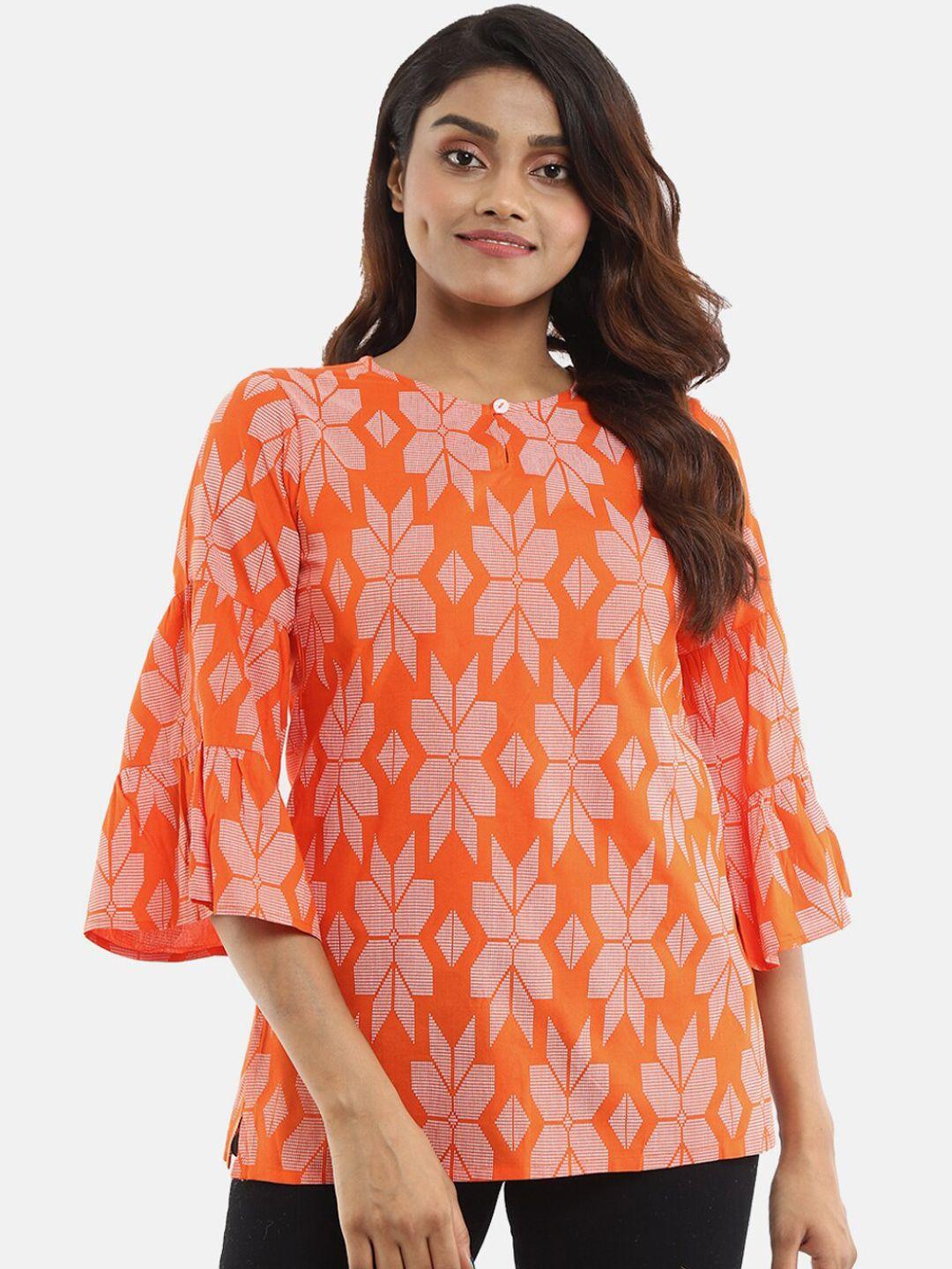 desi mix women orange ethnic motifs printed flared sleeves thread work kurta