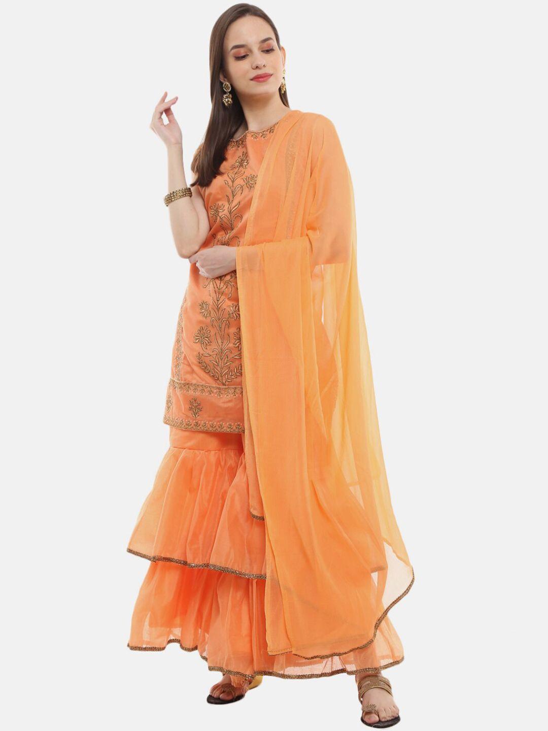 desi mix women orange floral embroidered thread work kurta with sharara & with dupatta