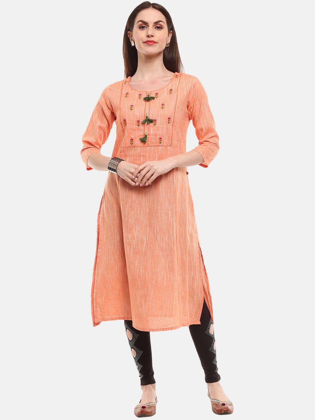 desi mix women peach-coloured embroidered thread work kurta