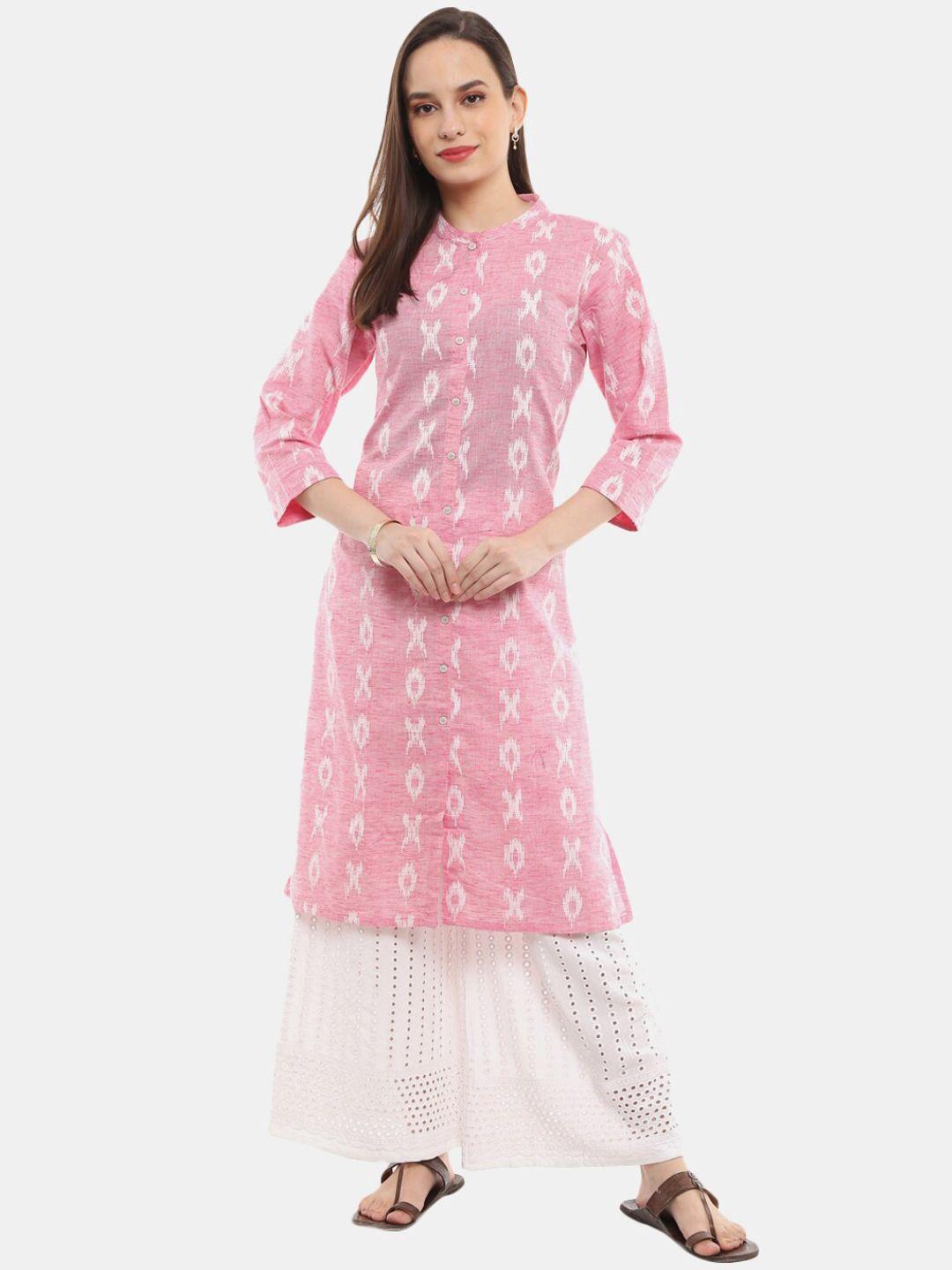 desi mix women pink cotton woven design regular  sleeves thread work kurta