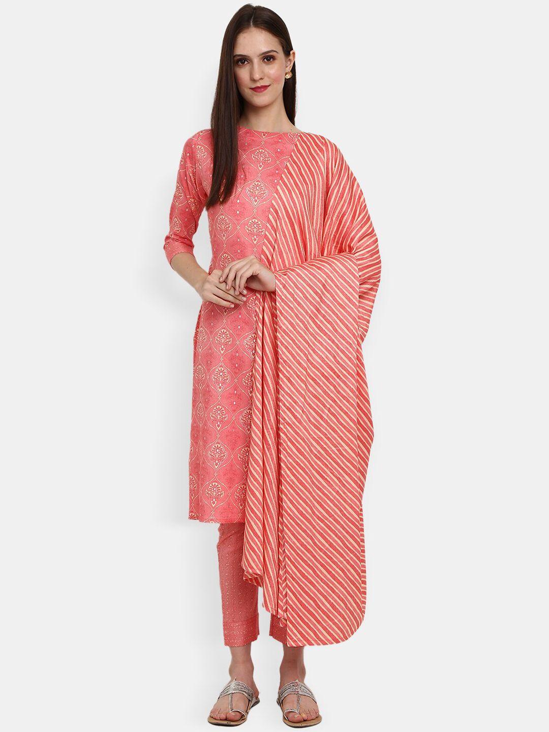 desi mix women pink panelled kurta with trousers & with dupatta