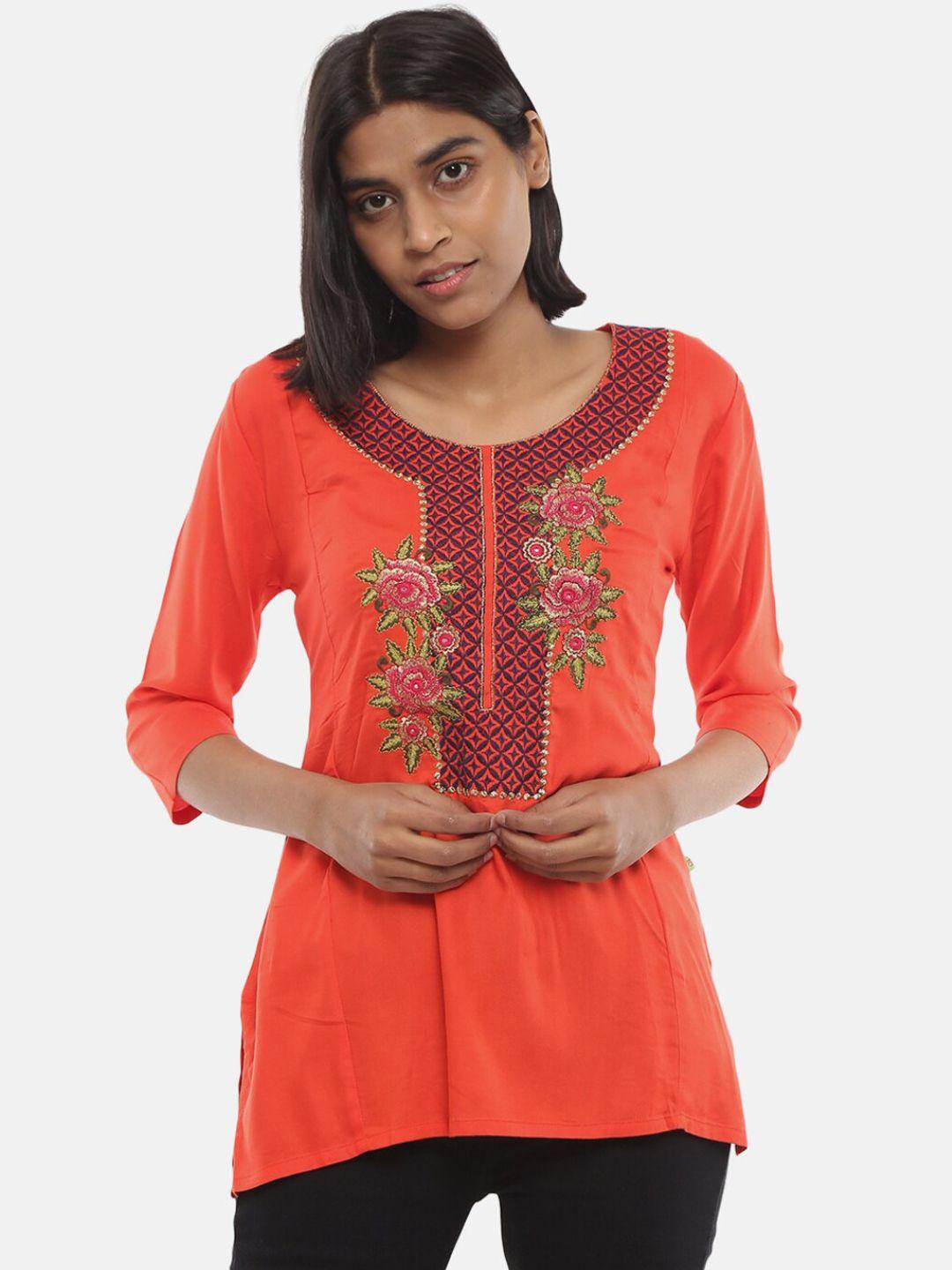 desi mix women red floral embroidered kurti