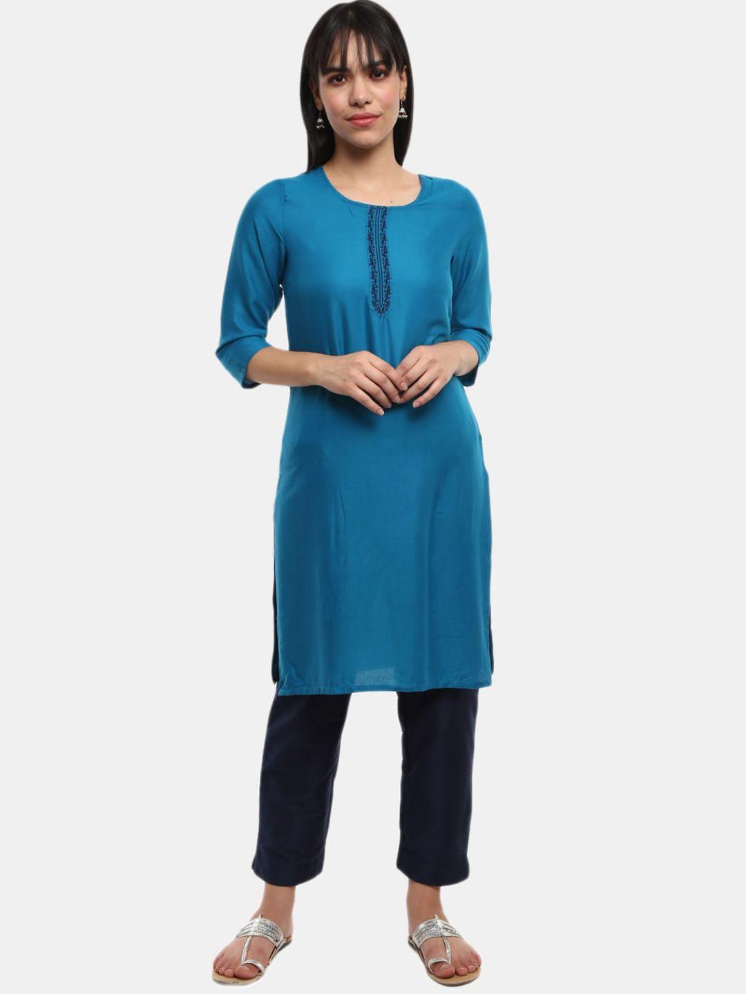 desi mix women teal solid round neck kurta