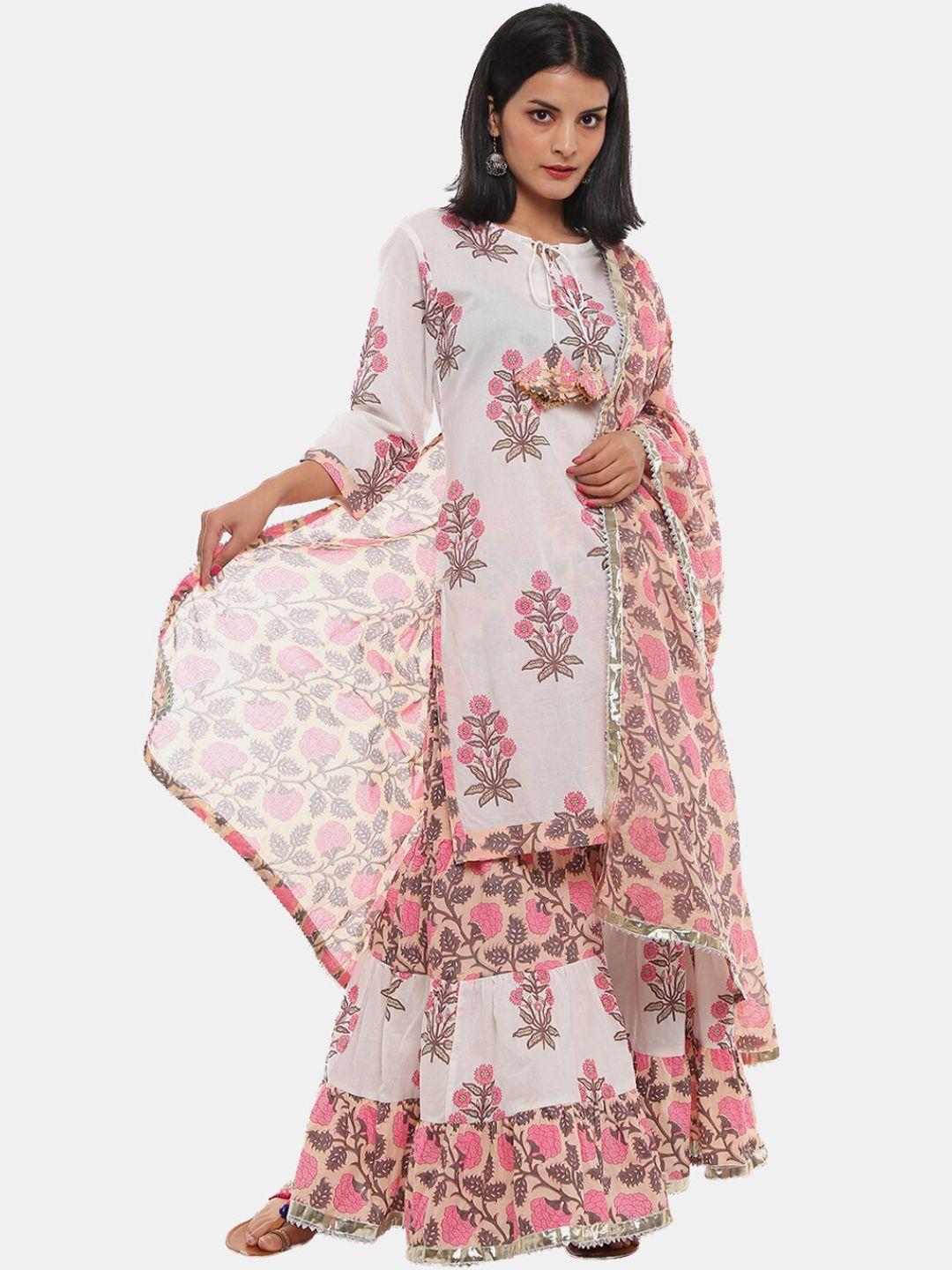 desi mix women white & pink floral printed kurta