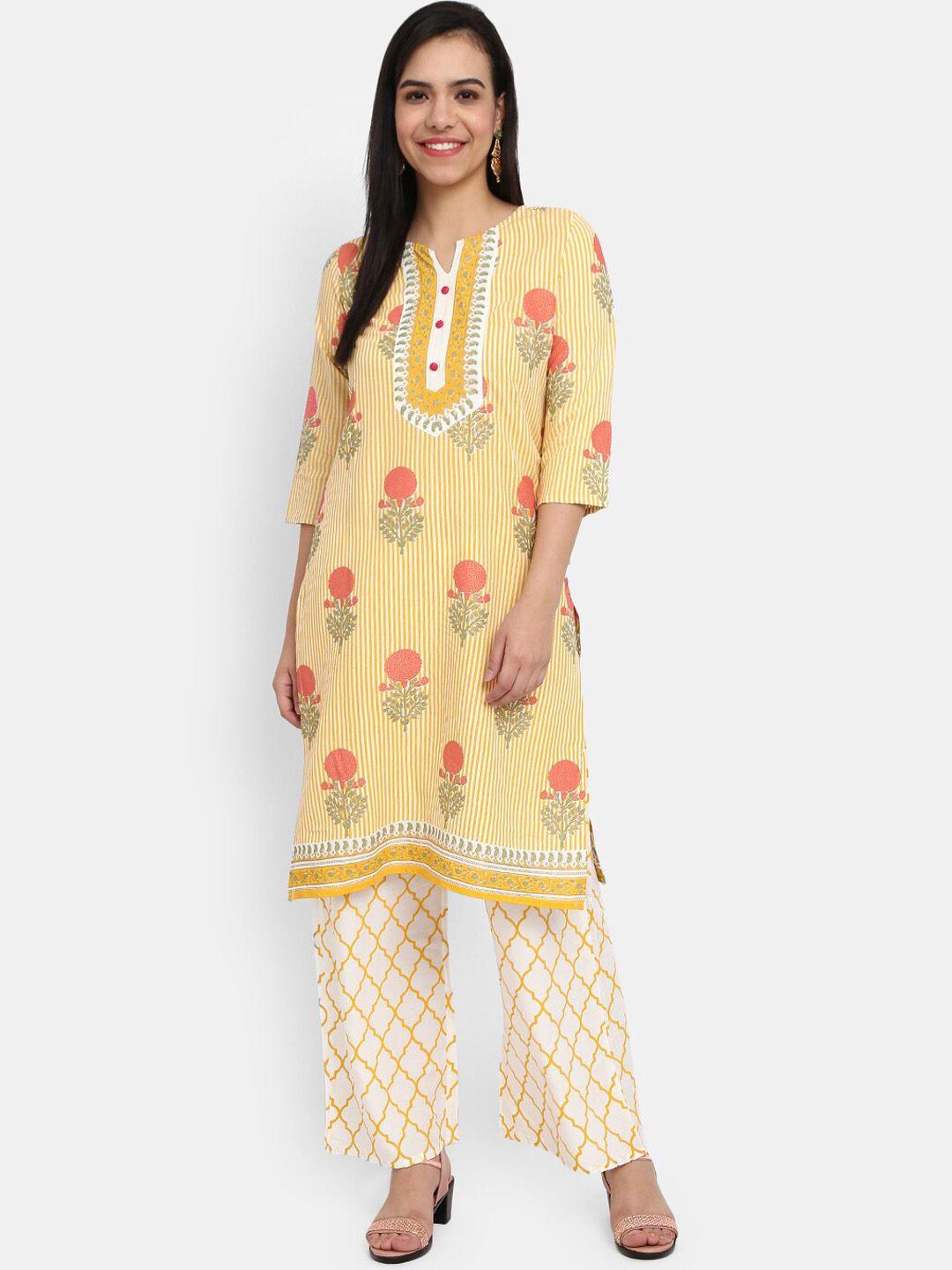 desi mix women yellow ethnic motifs printed kurta with palazzos