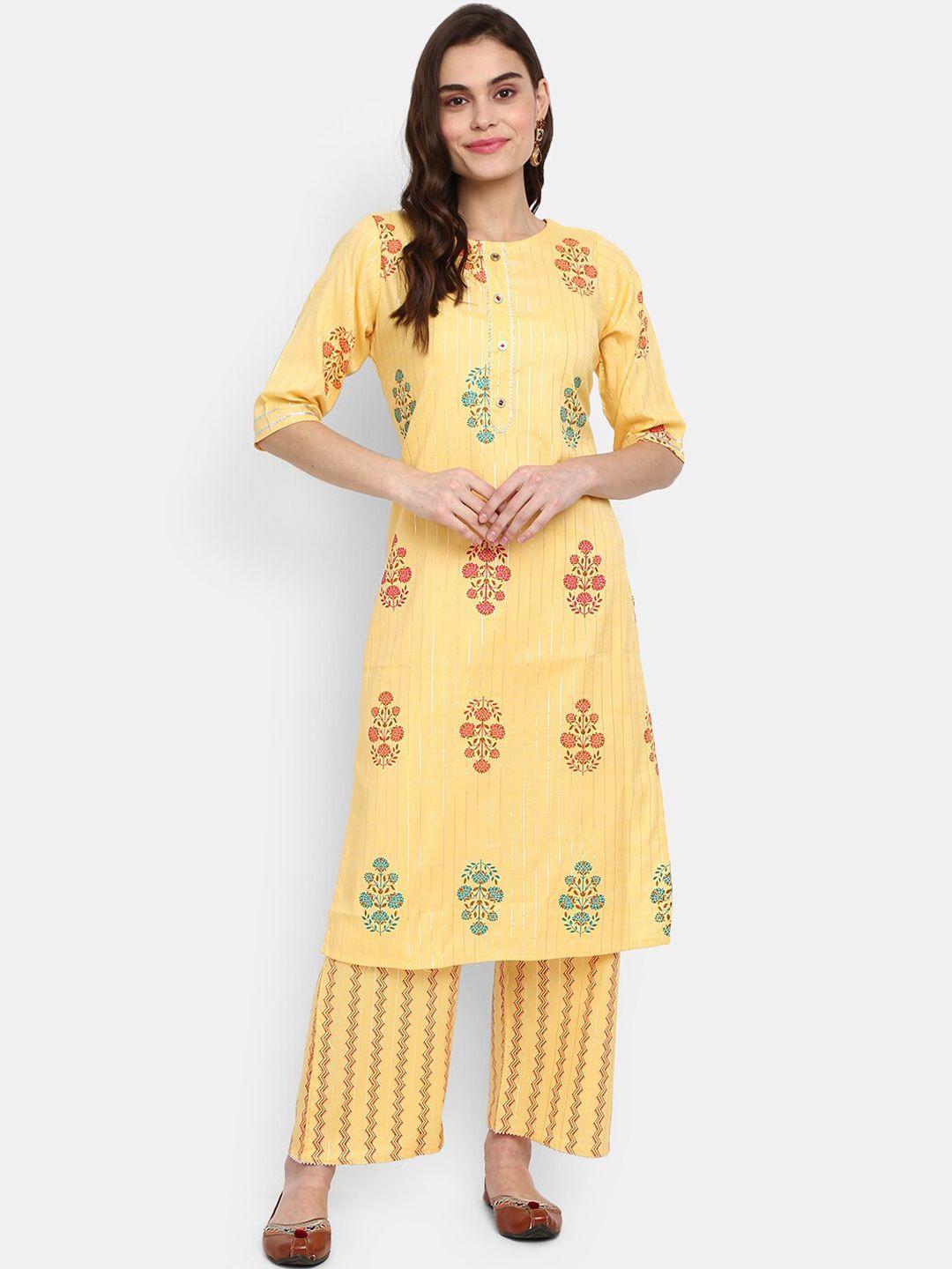 desi mix women yellow ethnic motifs printed kurta with palazzos