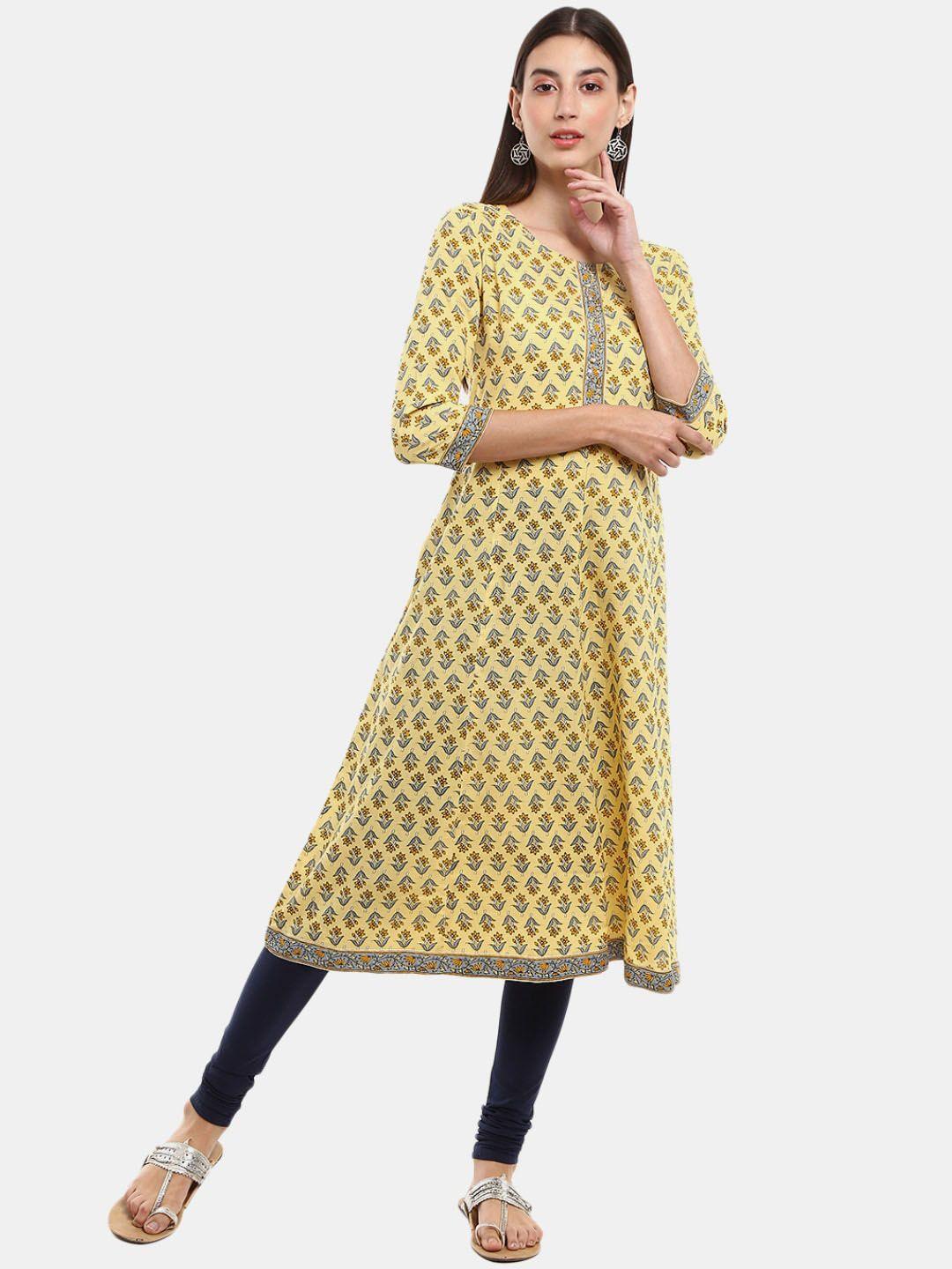 desi mix women yellow ethnic motifs printed kurta