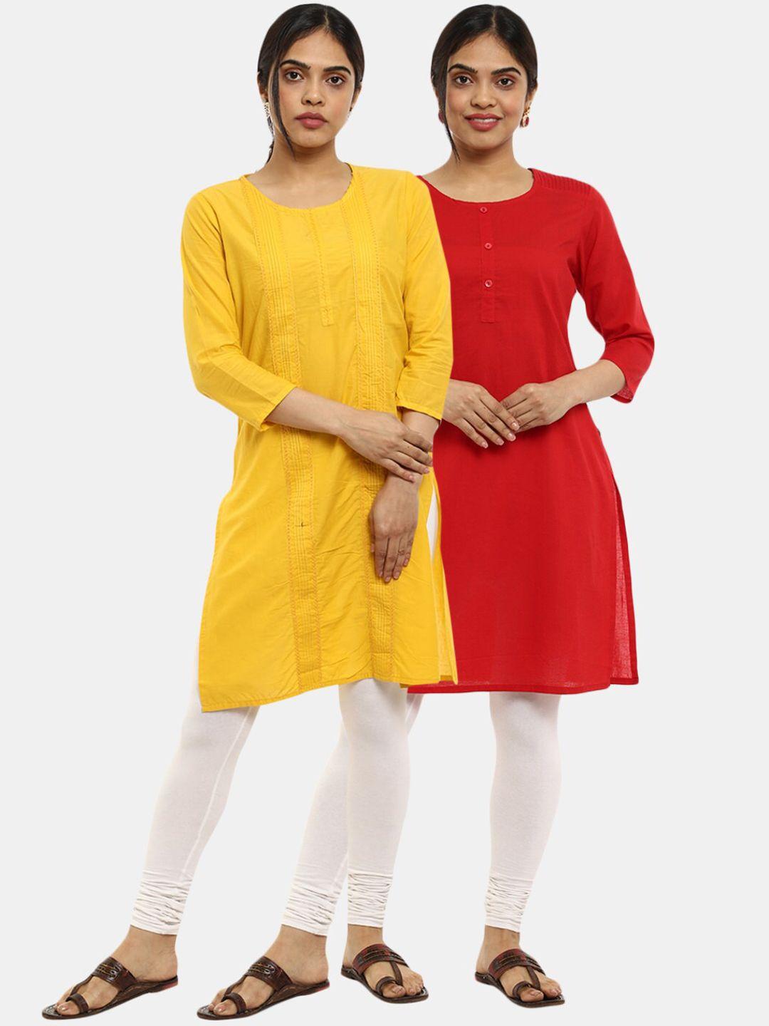 desi mix women yellow thread work kurta[pack of 2]