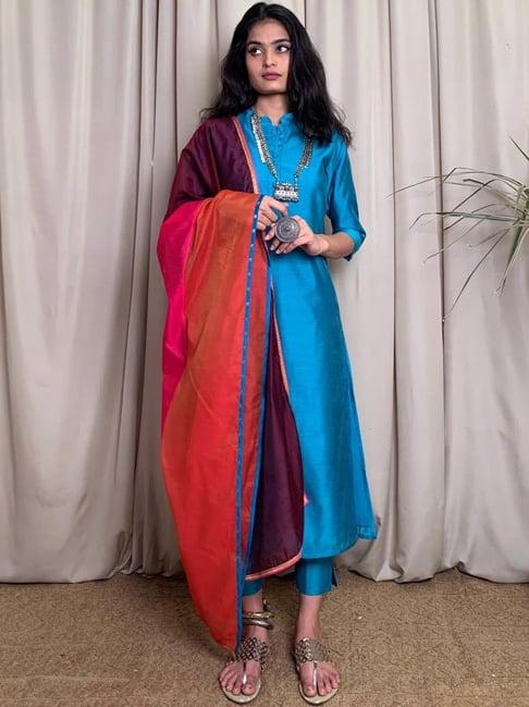 desi weavess blue kurta pant set with dupatta