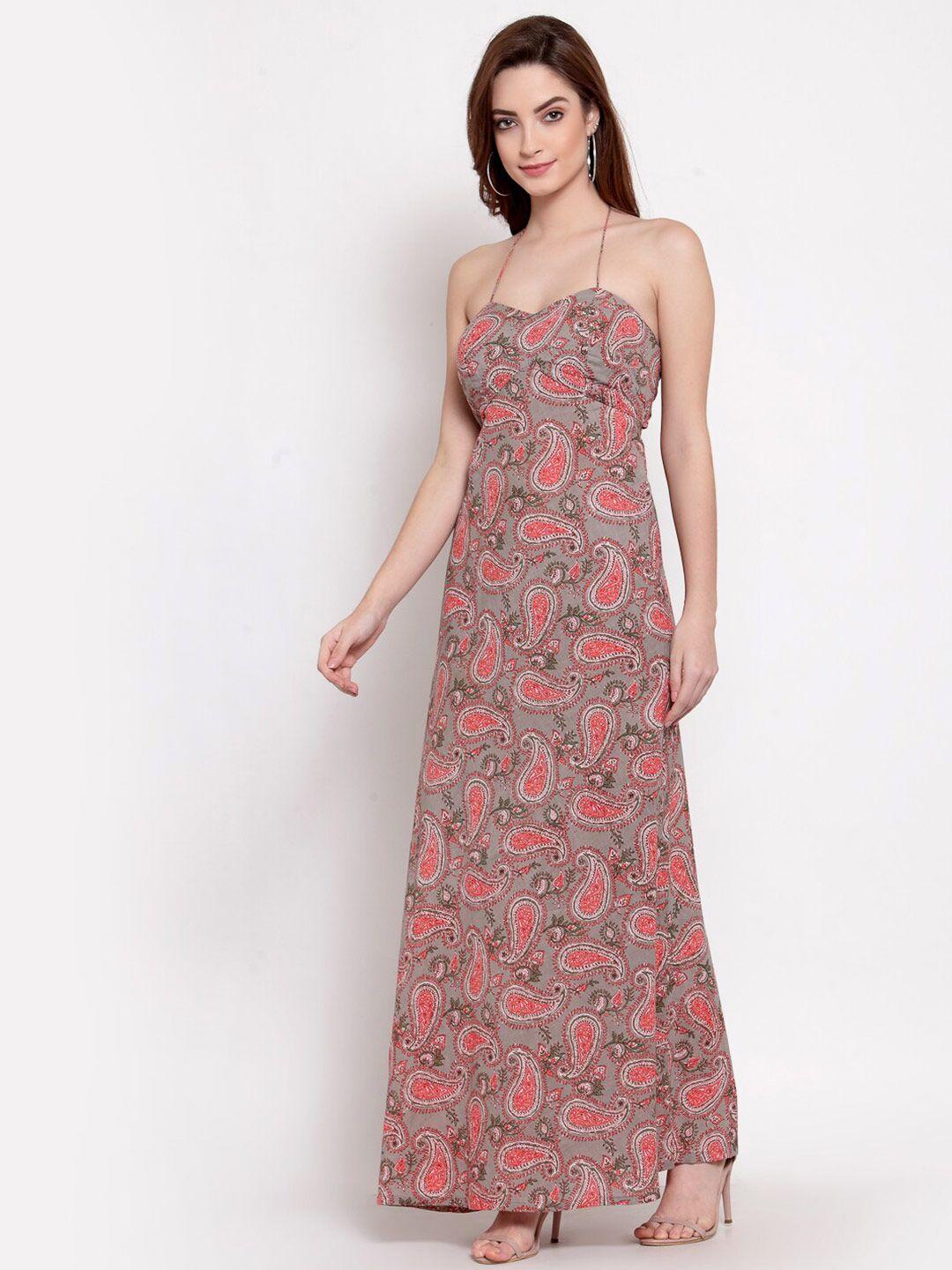 desi weavess grey & pink ethnic motifs pure cotton maxi dress