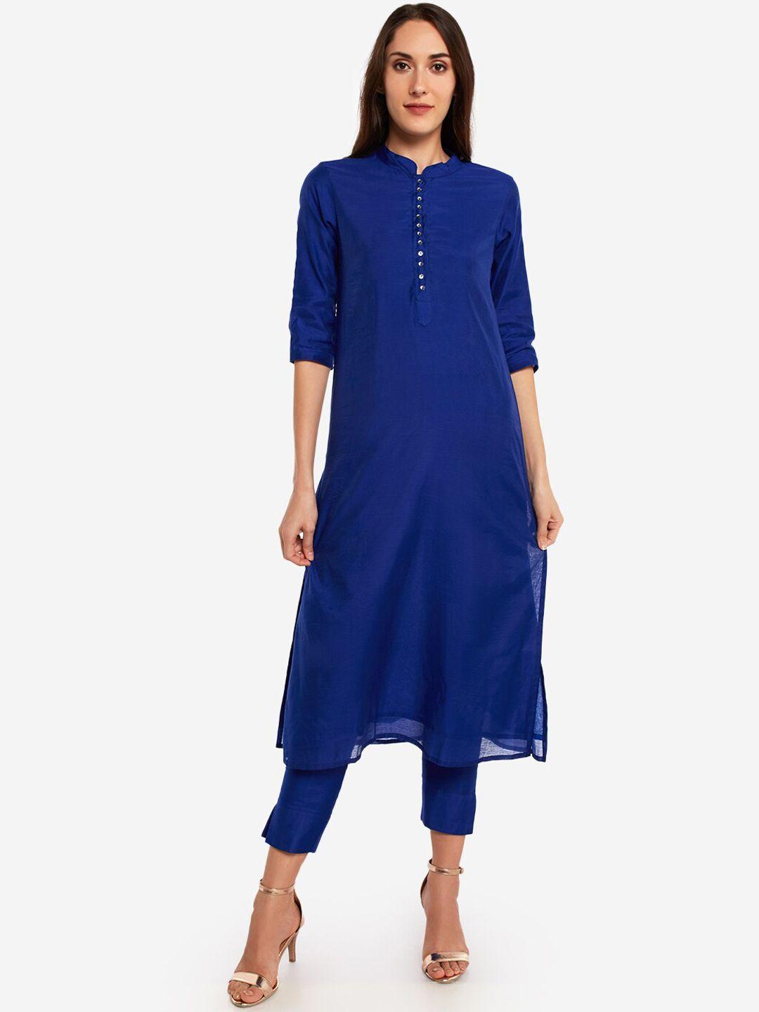 desi weavess mandarin collar art silk straight kurta with trousers