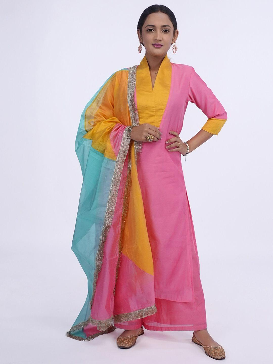 desi weavess mandarin collar kurta with palazzos & with dupatta