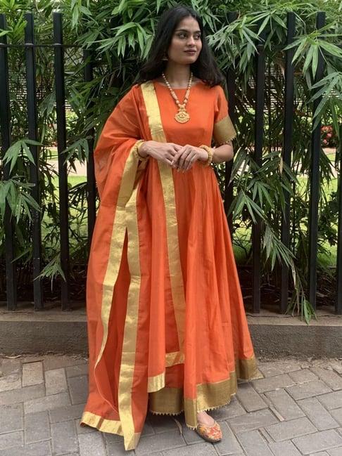 desi weavess orange anarkali kurta with dupatta