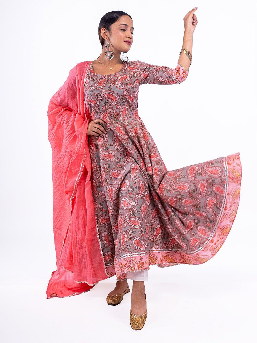 desi weavess paisley printed pure cotton anarkali kurta with trousers & with dupatta