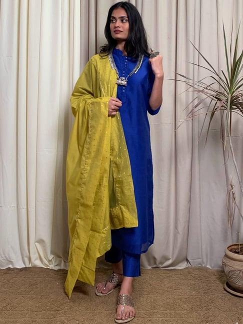 desi weavess royal blue kurta pant set with dupatta