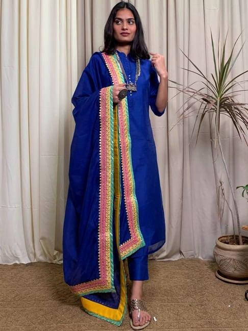 desi weavess royal blue kurta pant set with dupatta