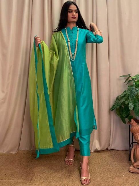 desi weavess teal green kurta pant set with dupatta