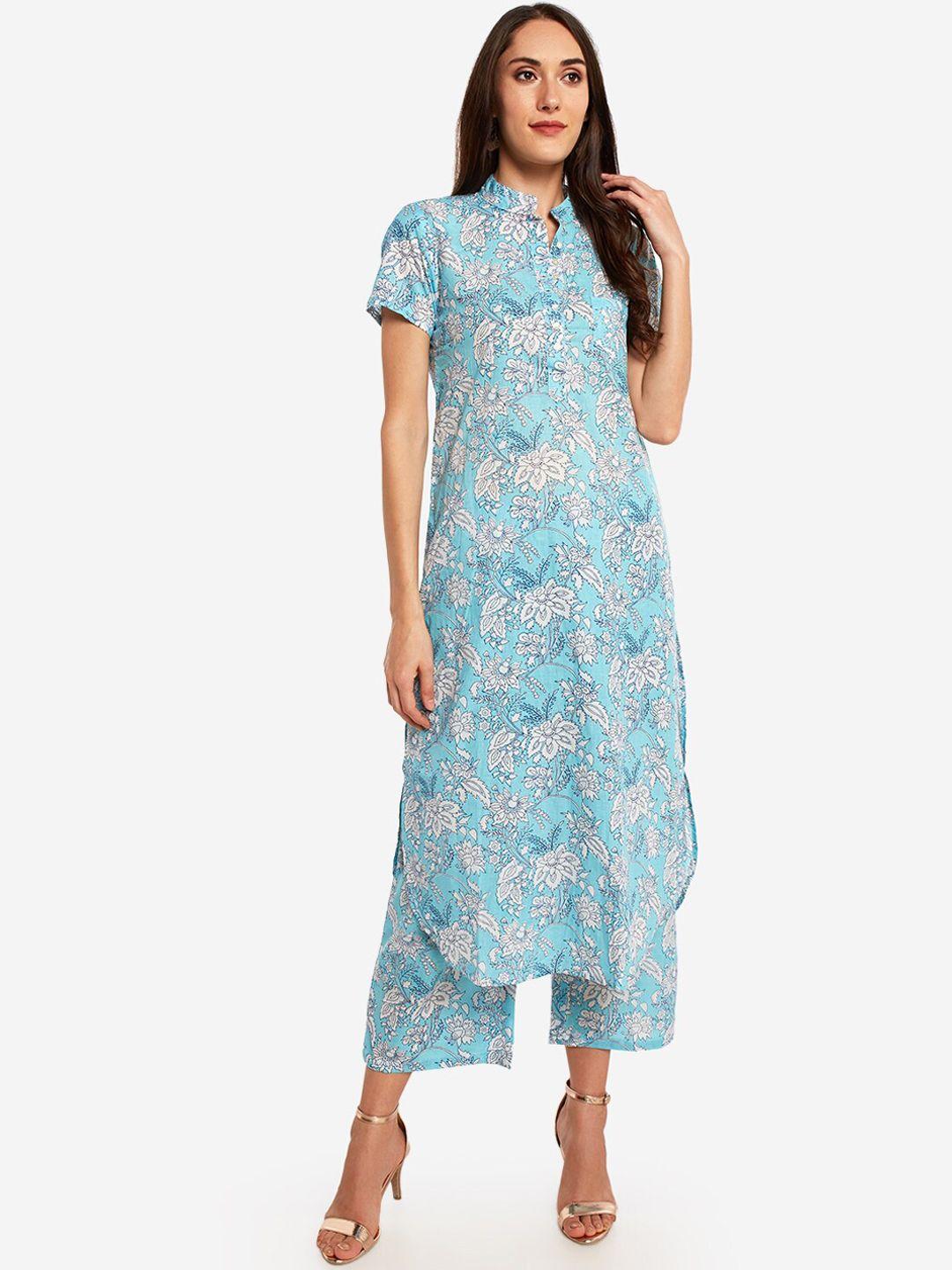 desi weavess women blue floral printed kurta with trousers