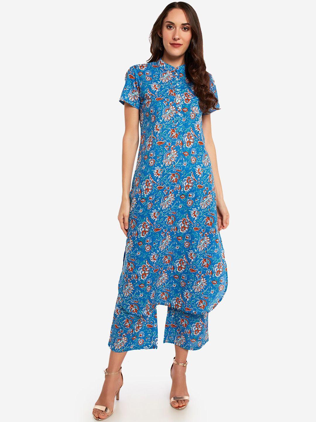 desi weavess women blue printed kurta with palazzos