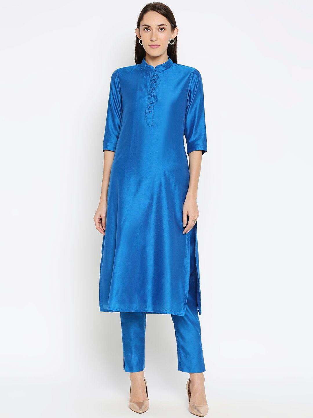 desi weavess women blue solid kurta with trousers