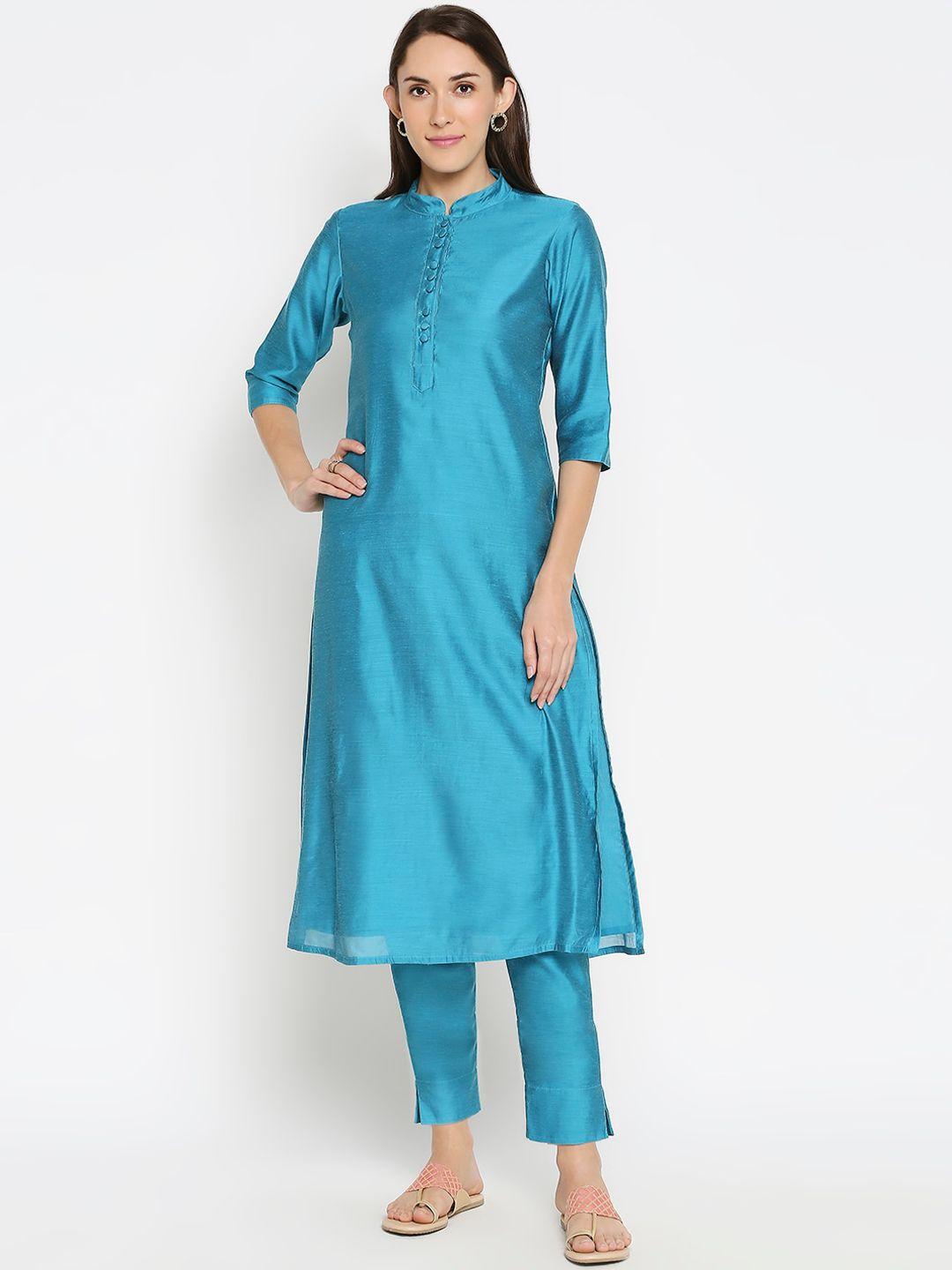 desi weavess women blue solid kurti with trousers