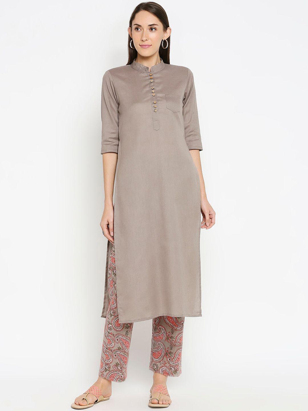 desi weavess women grey high slit pure cotton kurti with trousers