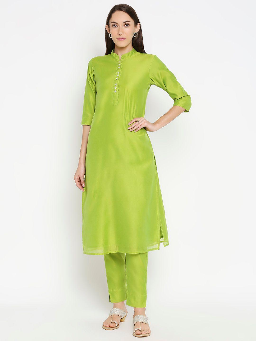 desi weavess women lime green regular straight kurta with trousers