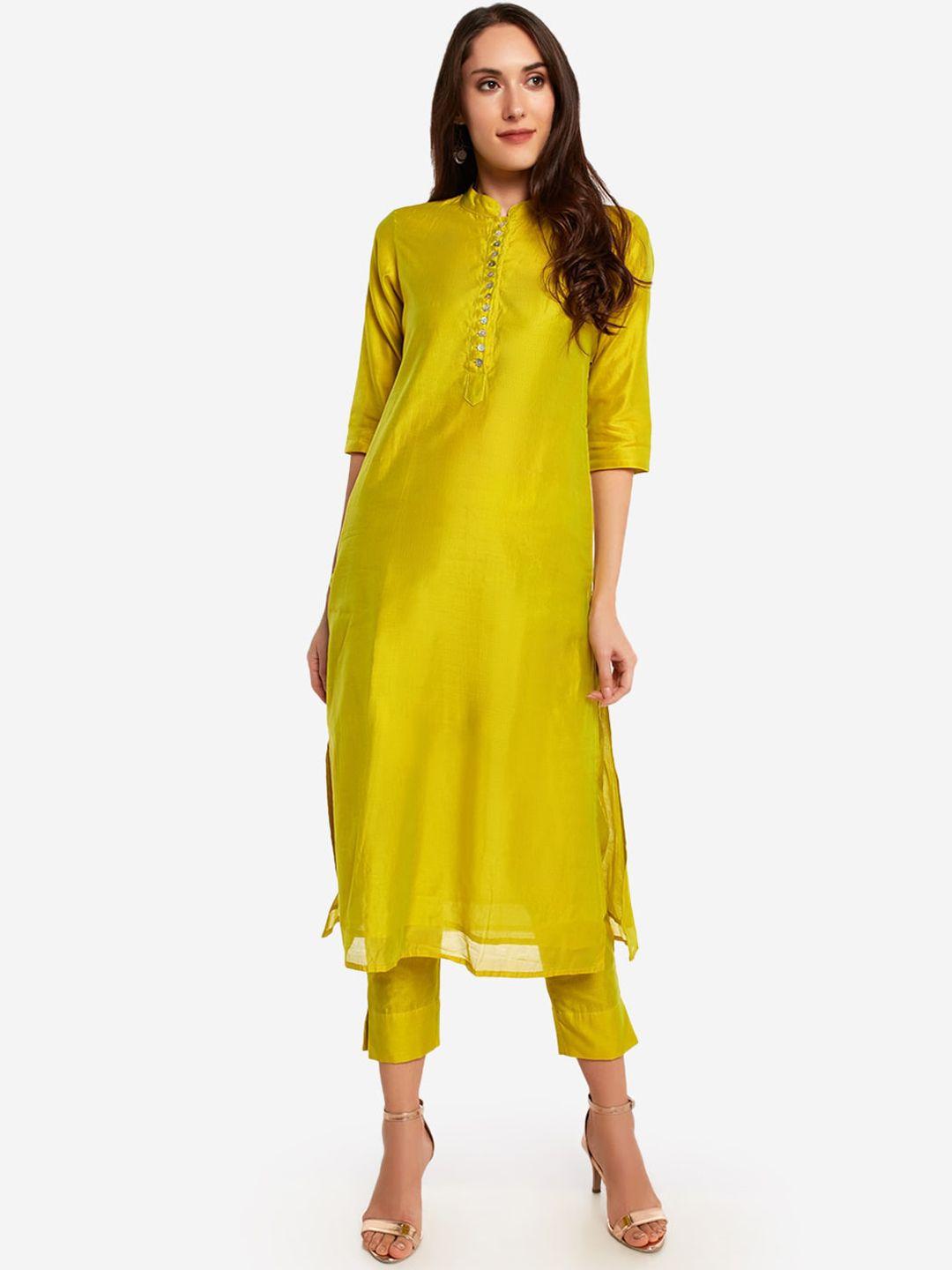 desi weavess women lime green solid kurta with trousers