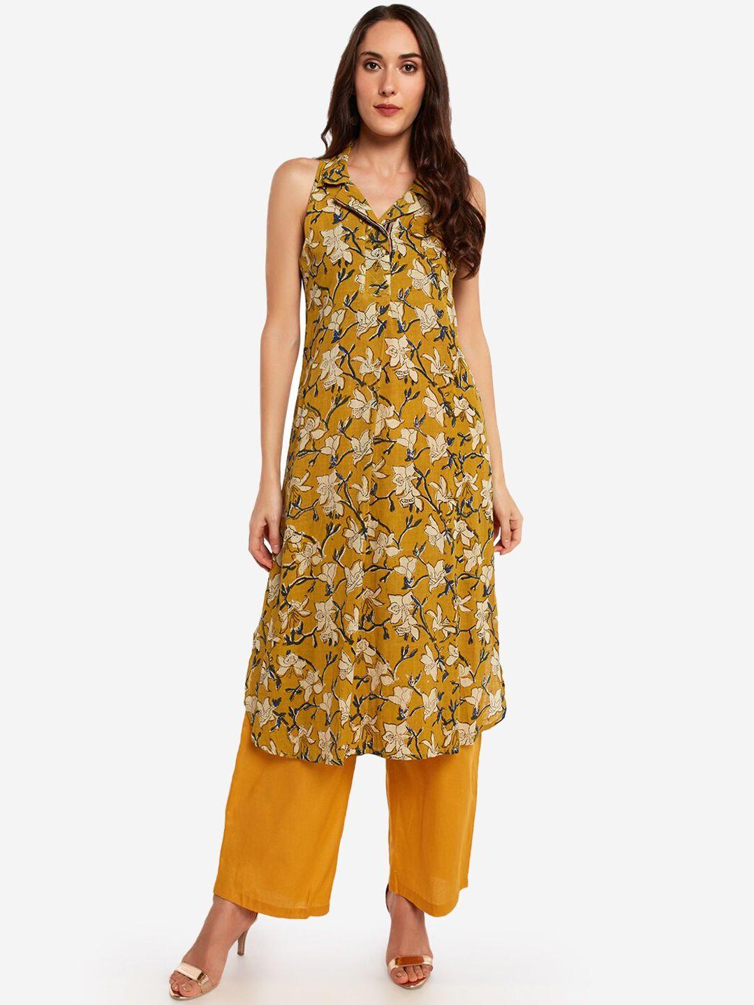 desi weavess women mustard yellow & off-white floral printed a-line kurta