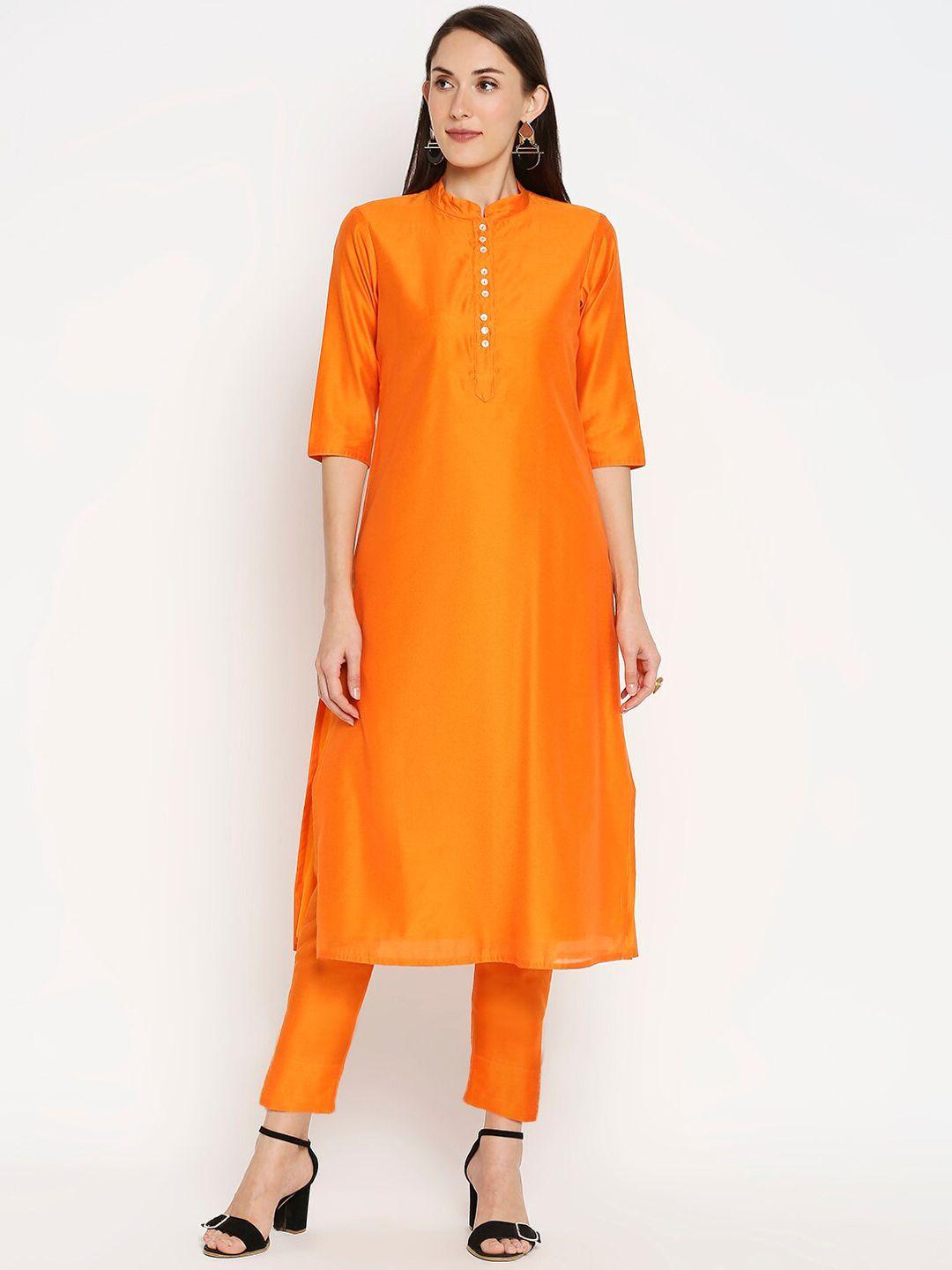 desi weavess women orange solid kurta with trousers