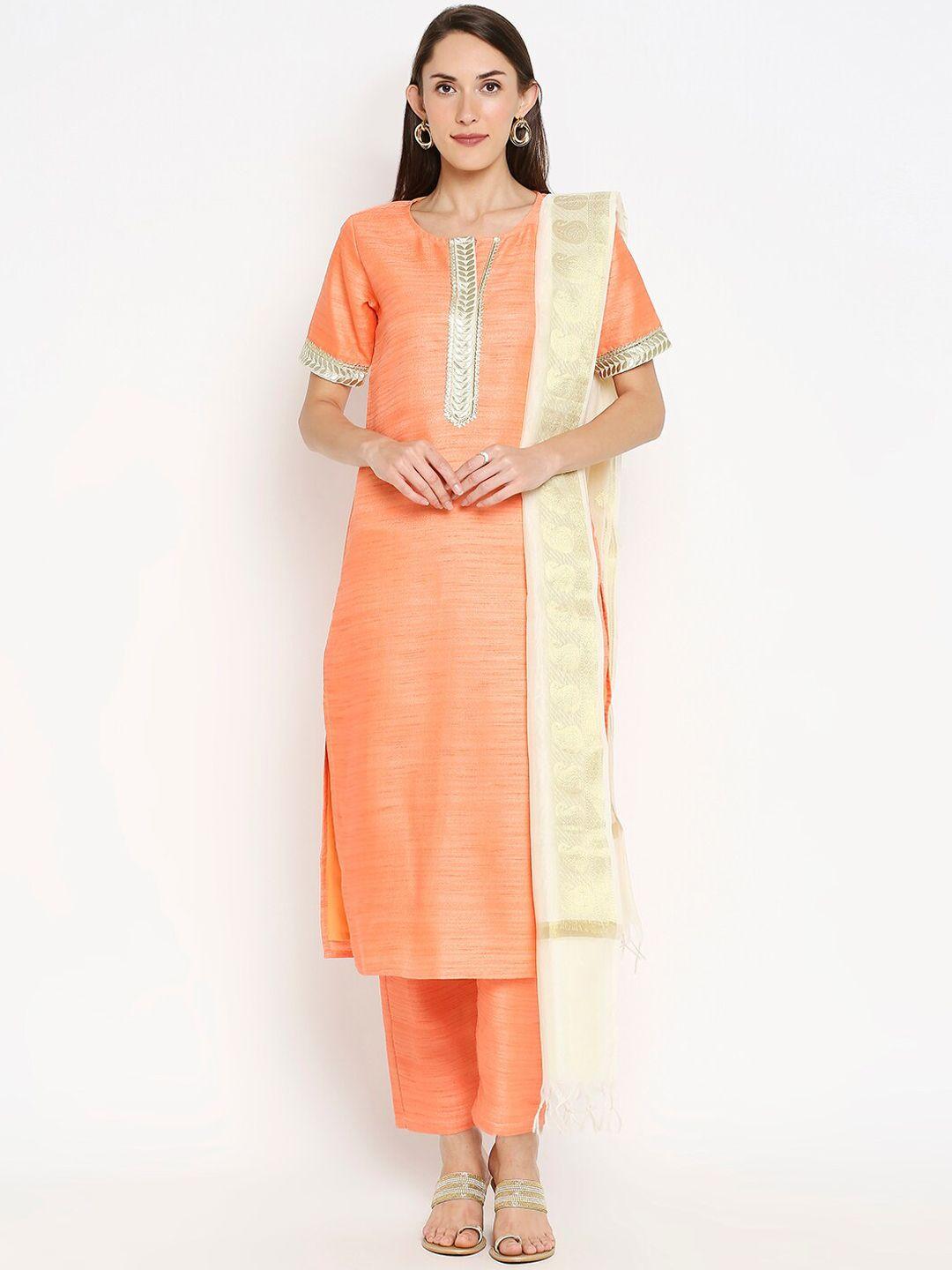 desi weavess women peach-coloured solid kurta with trousers & dupatta