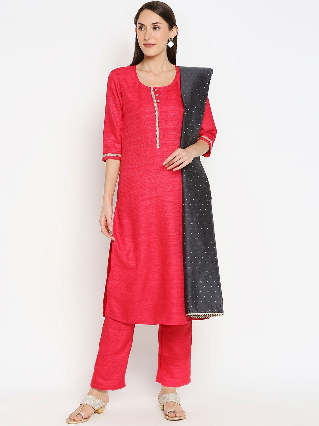 desi weavess women red & black solid kurta with trousers & dupatta