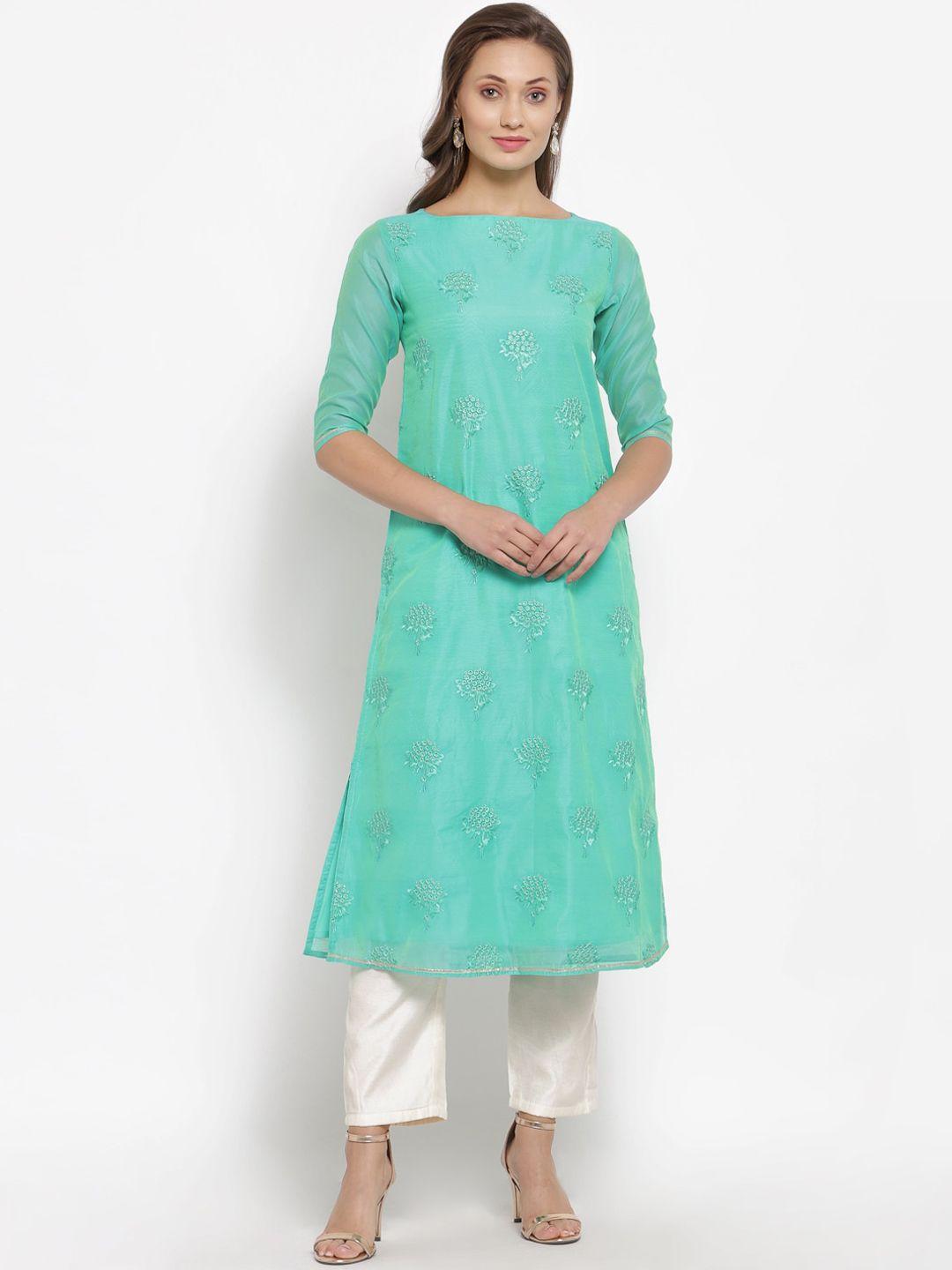 desi weavess women sea green floral embroidered kurta