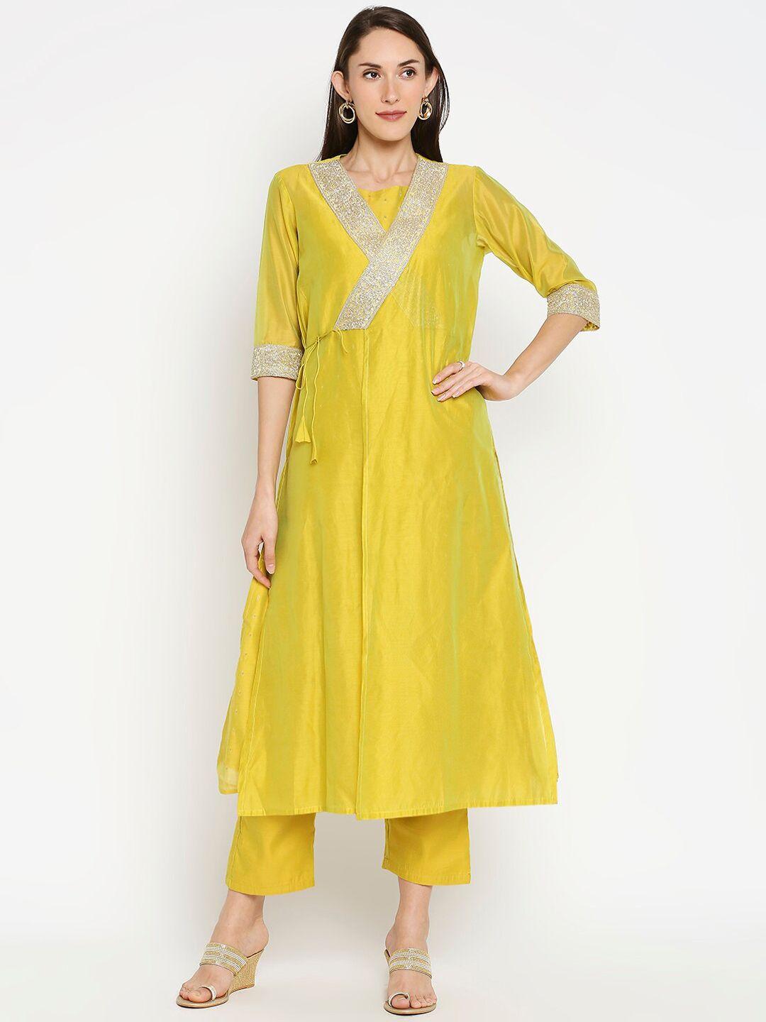 desi weavess women yellow layered thread work chanderi silk kurta with trousers