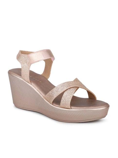 design crew women's rose gold ankle strap wedges