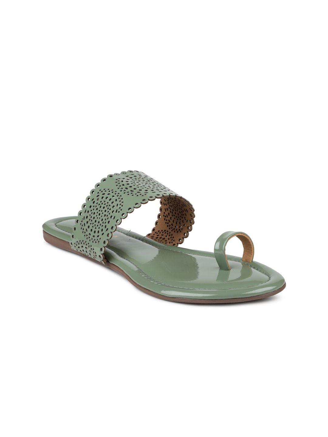 design crew women green textured one toe flats with laser cuts