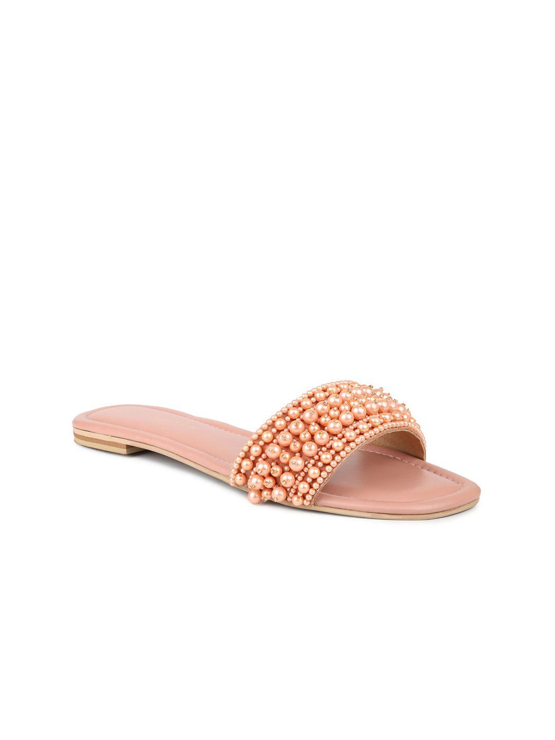 design crew women pink embellished open toe flats