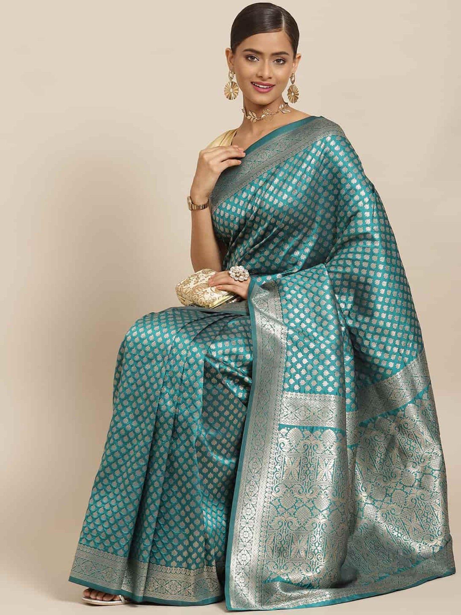 designer heavy weaving work kanjeevaram silk saree green with unstitched