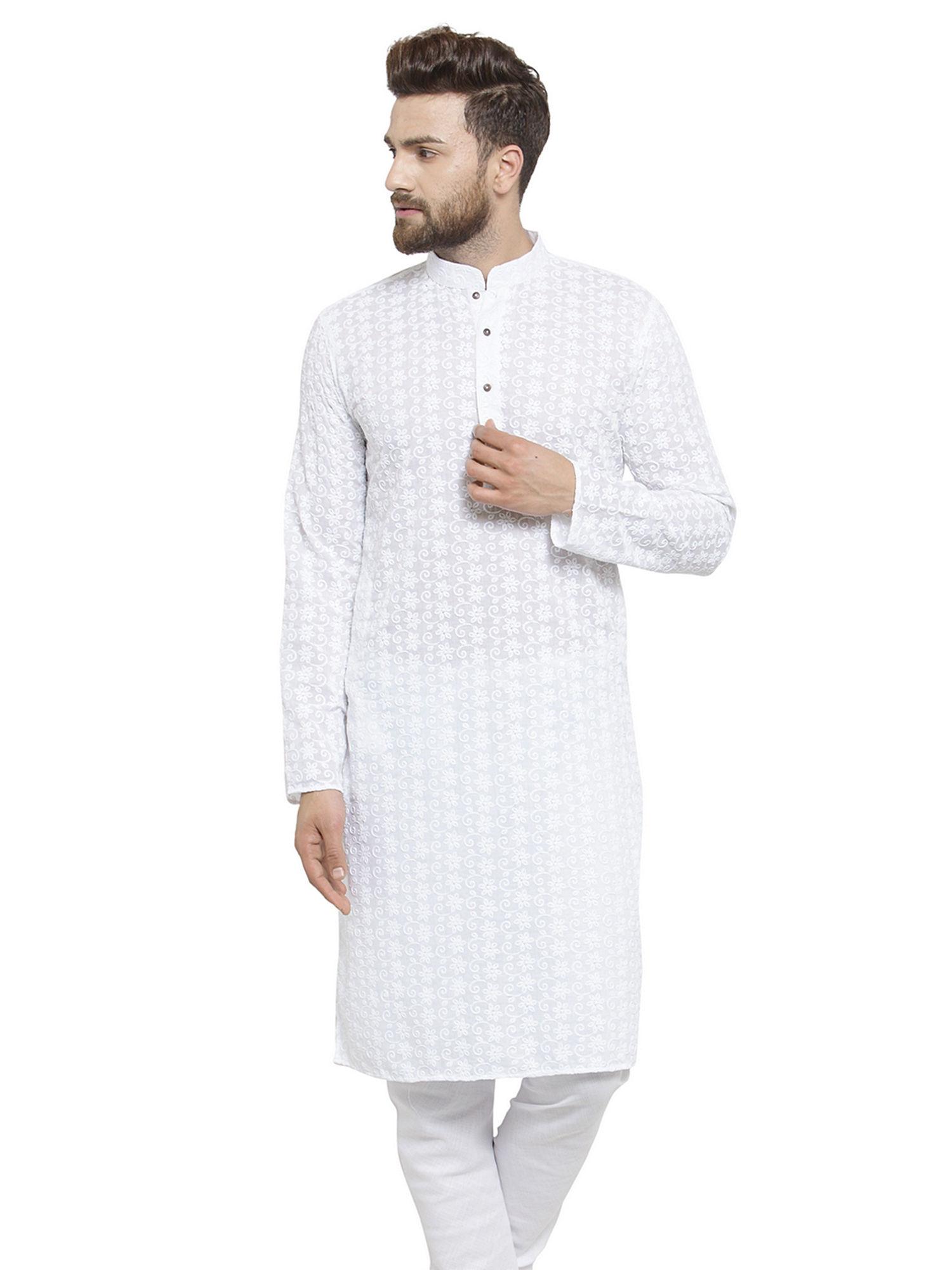 designer white chikankari cotton kurta for men