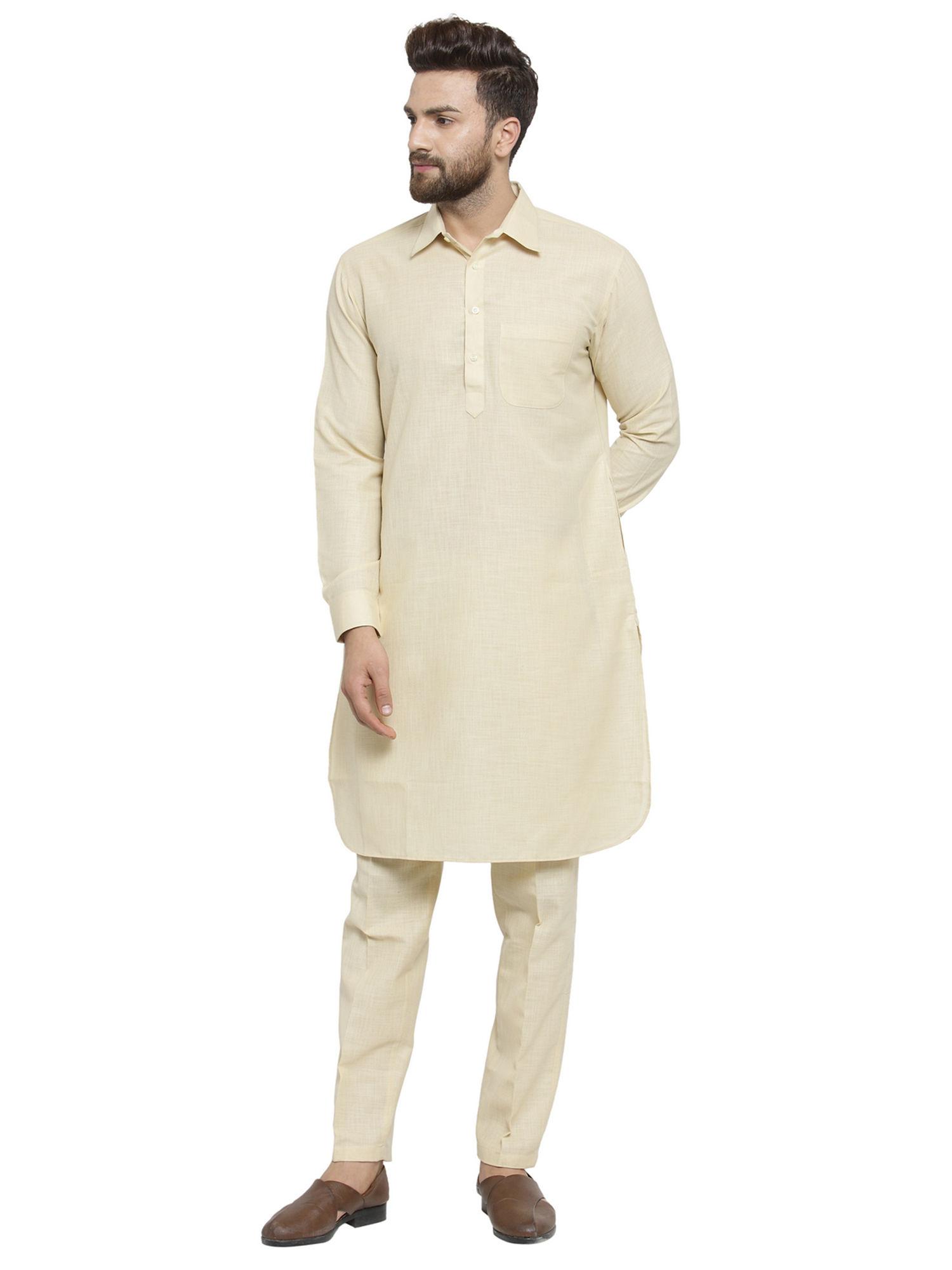 designer beige pathani lenin kurta with trouser for a royal look