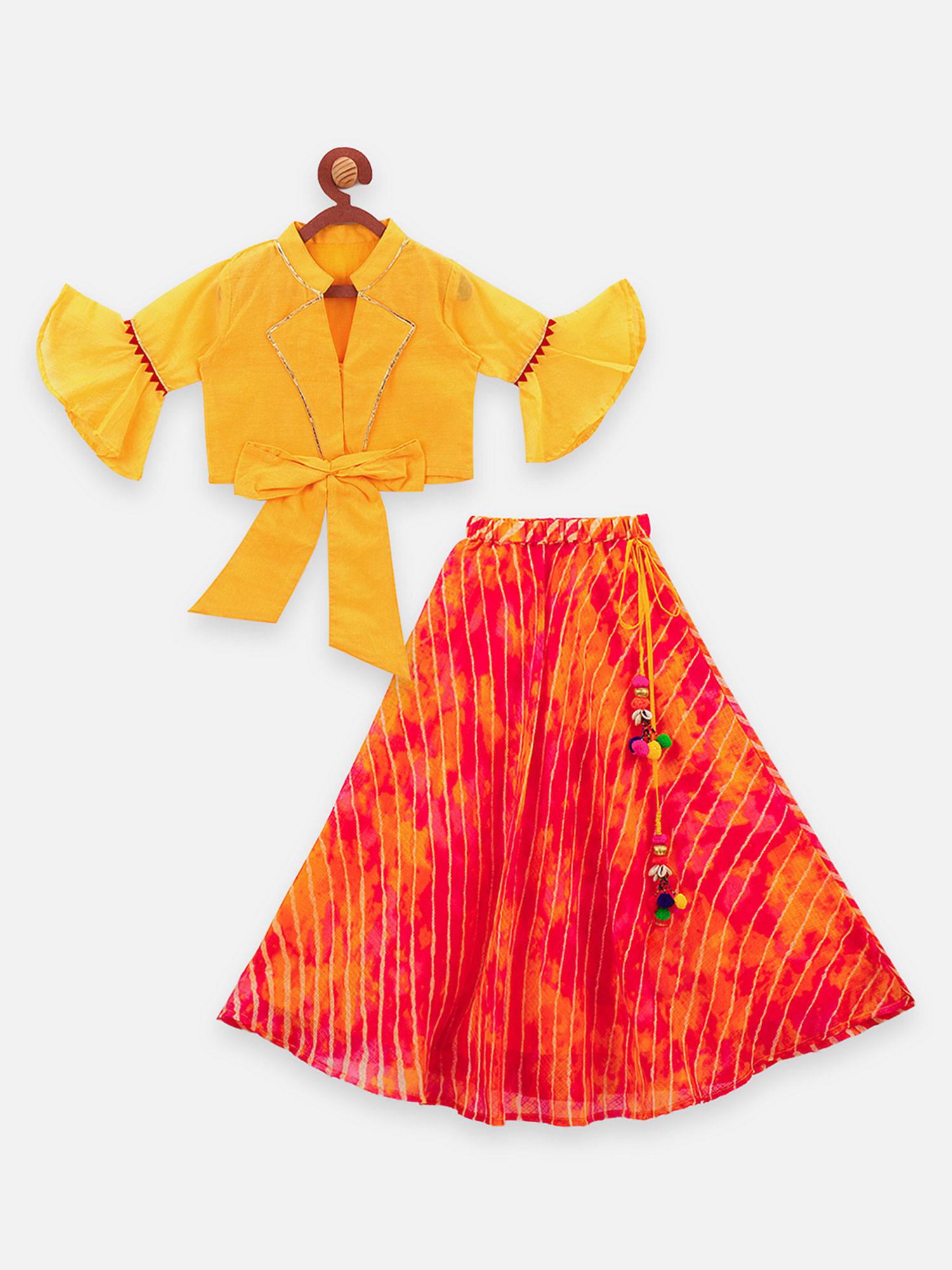 designer bell sleeves yellow choli with lehenga skrit set printed