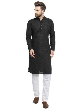 designer black chikankari cotton kurta with white aligarh pyjama set (set of 2)
