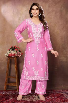 designer chikankari lucknowi embroidered rayon kurta with pant - pink