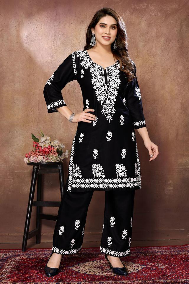 designer chikankari lucknowi embroidered rayon kurta with pant