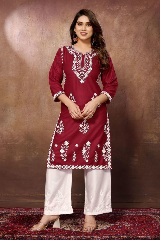 designer chikankari lucknowi embroidered rayon kurta with pant